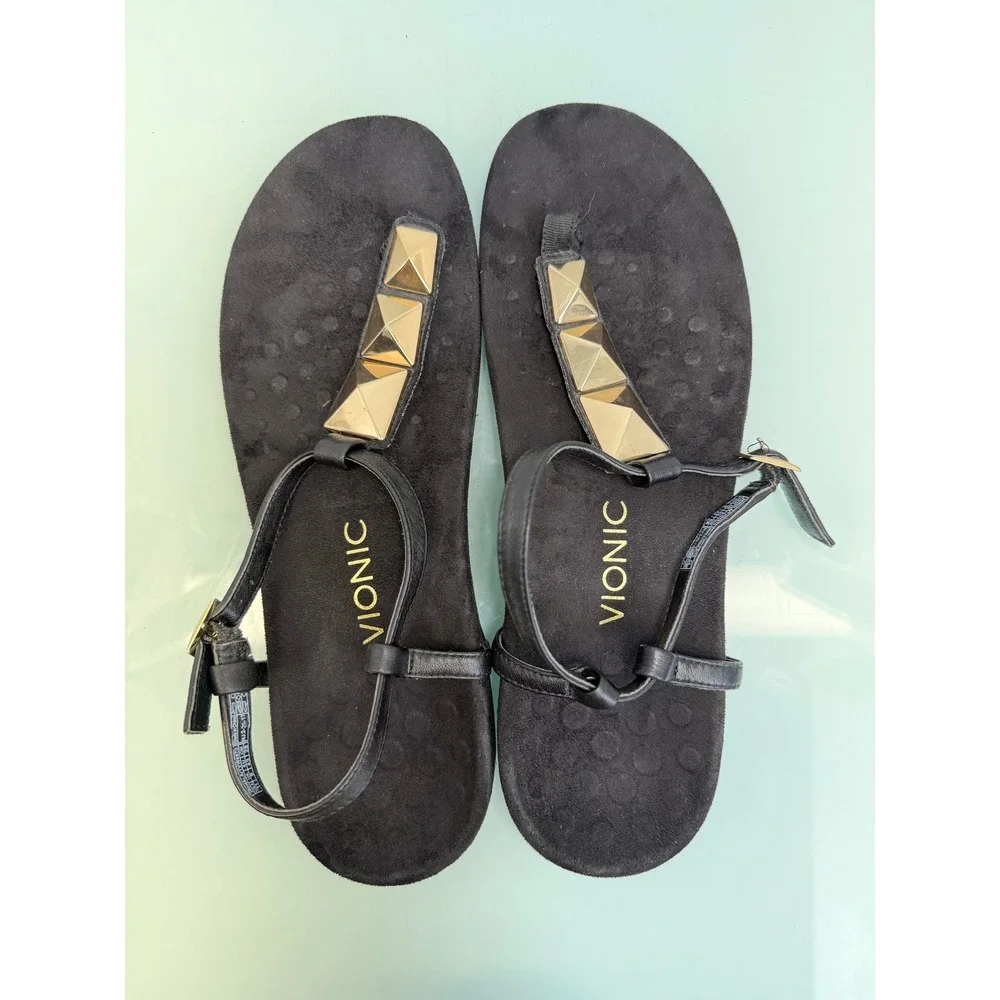Vionic Thong Sandals Women 11 Black Gold Studded Y2K Minimalist Quiet Luxury - Picture 9 of 11